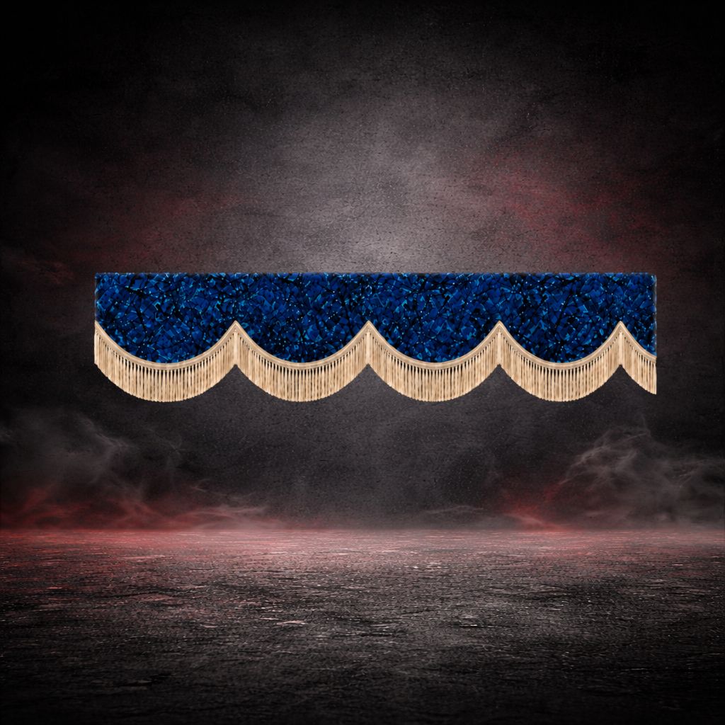 BoutiqueduRoutier™ | Truck Front Window Curtain Danish Plush Blue – Beige Fringe